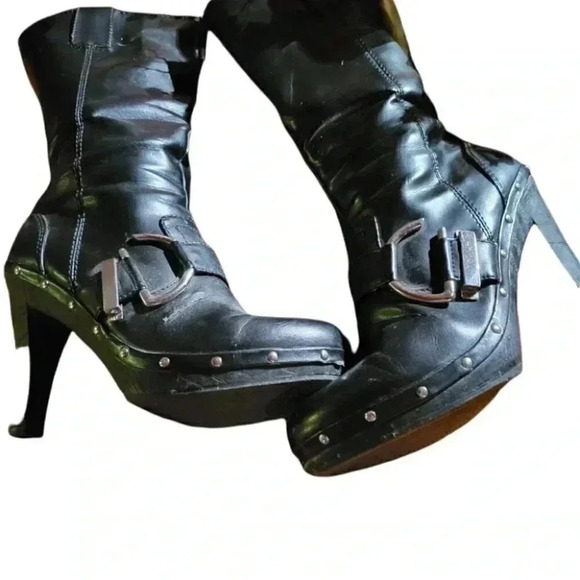 Fioni Black  Boots with Buckle & Studs 13" with 4" heels 7 1/2" - Picture 1 of 10